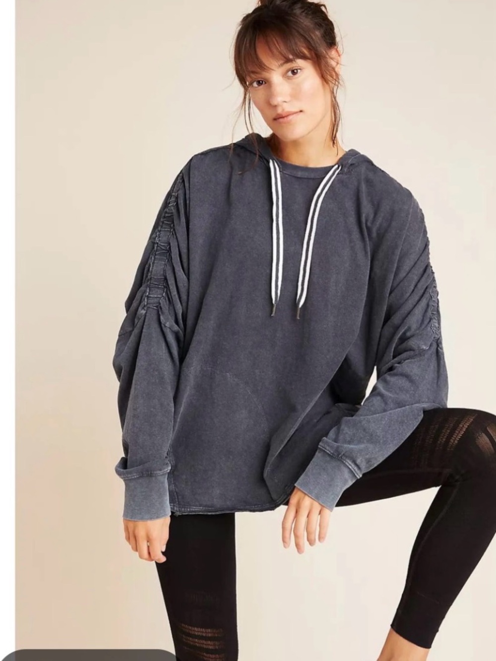 Free People Washed Charcoal Pullover Hoodie with Shirred Sleeves